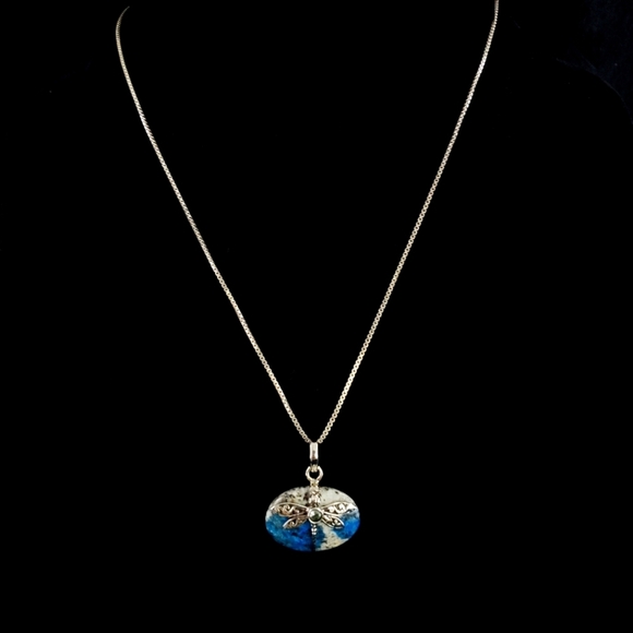 Blue azurite dragonfly pendant necklace + 925 sterling silver chain - Picture 5 of 13